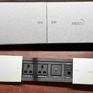 Nexa silver slide cover socket top view Nexa multifunction socket with USB, HDMI, Type-C ports Pop-up Nexa power hub for conference table Nexa slide cover socket in closed position Sleek silver office power socket with internet port Nexa aluminum desk socket installed in modern workspace