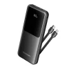 Vention FHOB0 power bank front view with built-in cables Vention 10000mAh power bank with LED display screen Side view of Vention FHOB0 fast charger black edition FHOB0 charging multiple devices with USB and built-in cables Close-up of Vention power bank output ports Vention power bank packaging box with included USB cable