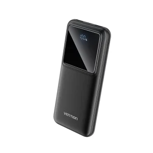 Vention FHOB0 power bank front view with built-in cables Vention 10000mAh power bank with LED display screen Side view of Vention FHOB0 fast charger black edition FHOB0 charging multiple devices with USB and built-in cables Close-up of Vention power bank output ports Vention power bank packaging box with included USB cable