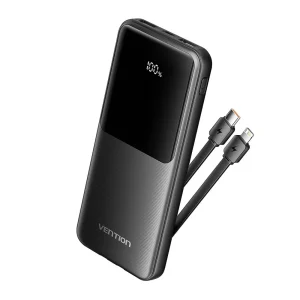 Vention FHOB0 power bank front view with built-in cables Vention 10000mAh power bank with LED display screen Side view of Vention FHOB0 fast charger black edition FHOB0 charging multiple devices with USB and built-in cables Close-up of Vention power bank output ports Vention power bank packaging box with included USB cable