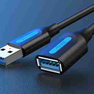 Vention CBHBF 1M USB 3.0 cable with A male and A female connectors Vention USB 3.0 extension cable black 1 meter coiled Close-up of nickel-plated USB connectors on CBHBF cable Dual shielded structure USB cable side view Vention USB A to A 3.0 extension cable plugged into laptop Packaging and layout of Vention CBHBF cable