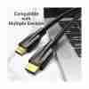 Vention 10M 8K HDMI 2.1 cable coiled view with gold-plated connectors HDMI AANBL cable plugged into 8K UHD TV Close-up of Vention HDMI 2.1 cable triple shielding and connectors Vention 8K HDMI cable transmitting video to projector Backside ports with Vention HDMI cable connected to soundbar and gaming console Vention AANBL packaging with HDMI cable layout shown