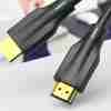 Vention AANBG 8K HDMI cable black coiled view HDMI male to male connectors gold-plated close-up Vention HDMI cable connected to 8K TV and console Side view of 8K HDMI cable in AV setup Vention HDMI cable showcasing Dynamic HDR and 3D support Vention AANBG packaging with cable layout