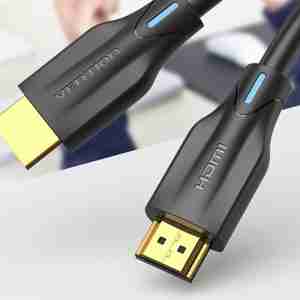 Vention AANBG 8K HDMI cable black coiled view HDMI male to male connectors gold-plated close-up Vention HDMI cable connected to 8K TV and console Side view of 8K HDMI cable in AV setup Vention HDMI cable showcasing Dynamic HDR and 3D support Vention AANBG packaging with cable layout