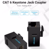 Vention Cat6 inline coupler black front view Vention RJ45 keystone jack coupler for Ethernet extension Side view of Vention CAT6 inline coupler showing ports Two Ethernet cables joined using Vention keystone coupler Vention CAT6 coupler installed in keystone wall plate Vention IPGB0 Ethernet coupler with gold-plated pins
