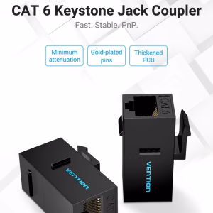 Vention Cat6 inline coupler black front view Vention RJ45 keystone jack coupler for Ethernet extension Side view of Vention CAT6 inline coupler showing ports Two Ethernet cables joined using Vention keystone coupler Vention CAT6 coupler installed in keystone wall plate Vention IPGB0 Ethernet coupler with gold-plated pins