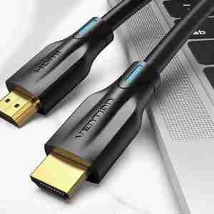 Vention AANBJ 5M HDMI 2.1 cable with gold-plated connectors HDMI 8K cable connected to TV and gaming console Coiled Vention 5-meter black HDMI cable Vention HDMI 2.1 cable plugged into home theater system Close-up of triple-shielded 28AWG HDMI cable build Product packaging for Vention 5M 8K HDMI cable