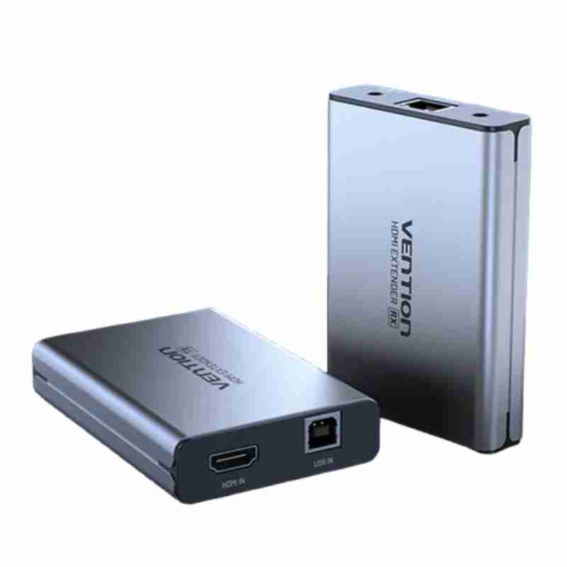 Vention 60M HDMI extender front and back view Vention AKGH0 HDMI over Ethernet extender with ports HDMI extender transmitter and receiver in gray aluminum finish Plug-and-play HDMI extender setup using CAT6 cable Side view of Vention HDMI extender with cooling vents Vention HDMI extender connected to source and display devices