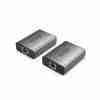 Vention 60M HDMI extender front and back view Vention AKGH0 HDMI over Ethernet extender with ports HDMI extender transmitter and receiver in gray aluminum finish Plug-and-play HDMI extender setup using CAT6 cable Side view of Vention HDMI extender with cooling vents Vention HDMI extender connected to source and display devices