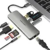 Vention TFHHB USB-C docking station front view with all ports Vention 10-in-1 multiport hub connected to laptop Close-up of USB-C, HDMI, RJ45, and SD card slots on Vention hub Vention TFHHB mirrored black USB-C hub with short cable USB-C docking station transferring video to TV via HDMI Compact Vention TFHHB dock inside a travel pouch