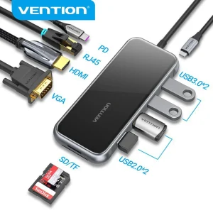 Vention TFHHB USB-C docking station front view with all ports Vention 10-in-1 multiport hub connected to laptop Close-up of USB-C, HDMI, RJ45, and SD card slots on Vention hub Vention TFHHB mirrored black USB-C hub with short cable USB-C docking station transferring video to TV via HDMI Compact Vention TFHHB dock inside a travel pouch