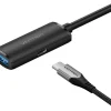 Vention USB 3.0 active extension cable CBMBL front view USB A male to A female Vention cable with reinforced ends Side view of Vention USB 3.0 cable showing flexible design Vention active USB extender plugged into laptop and device Close-up of USB 3.0 ports and signal booster casing Vention CBMBL packaging and cable layout on table