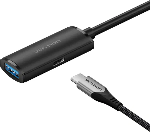 Vention USB 3.0 active extension cable CBMBL front view USB A male to A female Vention cable with reinforced ends Side view of Vention USB 3.0 cable showing flexible design Vention active USB extender plugged into laptop and device Close-up of USB 3.0 ports and signal booster casing Vention CBMBL packaging and cable layout on table