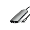 Vention VEN-CHNBB USB 3.0 hub with Ethernet port front view Vention 3-port USB hub with RJ45 connected to laptop Close-up of USB 3.0 ports and Gigabit Ethernet jack VEN-CHNBB hub in compact form on a workspace USB devices and LAN cable connected to Vention hub Vention USB 3.0 hub for data and internet transfer