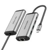 Vention VEN-CHNBB USB 3.0 hub with Ethernet port front view Vention 3-port USB hub with RJ45 connected to laptop Close-up of USB 3.0 ports and Gigabit Ethernet jack VEN-CHNBB hub in compact form on a workspace USB devices and LAN cable connected to Vention hub Vention USB 3.0 hub for data and internet transfer