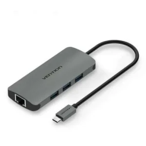 Vention VEN-CHNBB USB 3.0 hub with Ethernet port front view Vention 3-port USB hub with RJ45 connected to laptop Close-up of USB 3.0 ports and Gigabit Ethernet jack VEN-CHNBB hub in compact form on a workspace USB devices and LAN cable connected to Vention hub Vention USB 3.0 hub for data and internet transfer