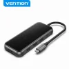 Vention TFHHB USB-C docking station front view with all ports Vention 10-in-1 multiport hub connected to laptop Close-up of USB-C, HDMI, RJ45, and SD card slots on Vention hub Vention TFHHB mirrored black USB-C hub with short cable USB-C docking station transferring video to TV via HDMI Compact Vention TFHHB dock inside a travel pouch