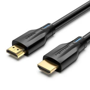 Vention AANBG 8K HDMI cable black coiled view HDMI male to male connectors gold-plated close-up Vention HDMI cable connected to 8K TV and console Side view of 8K HDMI cable in AV setup Vention HDMI cable showcasing Dynamic HDR and 3D support Vention AANBG packaging with cable layout