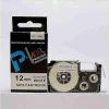 Casio PT-12WE 12mm compatible label tape black on white 8m roll of Casio label tape in white with black text Label tape cartridge compatible with Casio KL printers Side view of Casio PT-12WE tape for 12mm printing Sample label printed using Casio black on white tape Casio PT-12WE tape roll packaging close-up