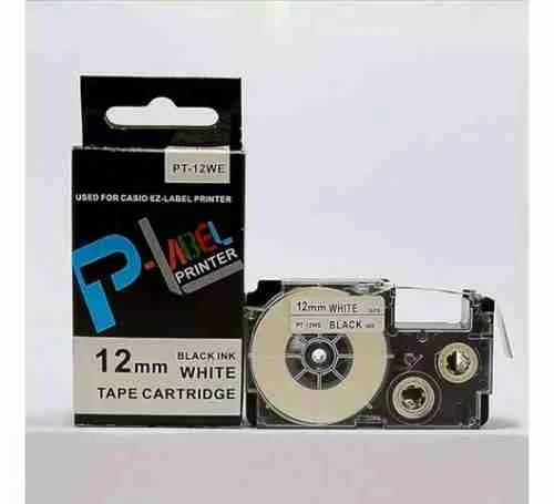 Casio PT-12WE 12mm compatible label tape black on white 8m roll of Casio label tape in white with black text Label tape cartridge compatible with Casio KL printers Side view of Casio PT-12WE tape for 12mm printing Sample label printed using Casio black on white tape Casio PT-12WE tape roll packaging close-up