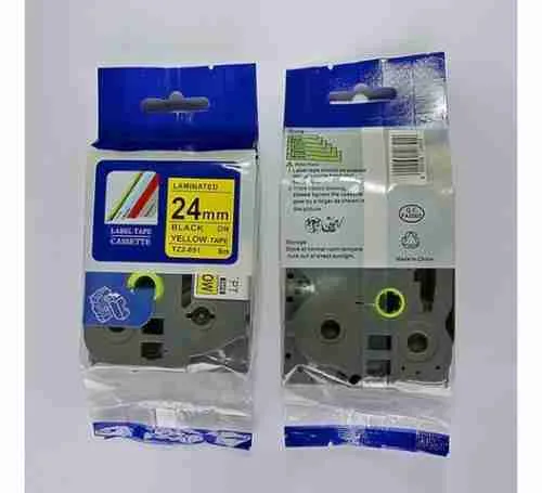 Compatible Brother TZ2-651 black on yellow 24mm label tape roll Brother P-Touch printer with 24mm yellow label installed Sample label printed with black on yellow TZ2-651 tape Compatible TZ2-651 label applied to warehouse shelf Close-up of laminated yellow label on electrical cable Packaging of Brother TZ2-651 compatible 24mm label tape Brother P-Touch printer with 24mm yellow label installed Sample label printed with black on yellow TZ2-651 tape Compatible TZ2-651 label applied to warehouse shelf Close-up of laminated yellow label on electrical cable Packaging of Brother TZ2-651 compatible 24mm label tape