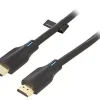 Vention AANBJ 5M HDMI 2.1 cable with gold-plated connectors HDMI 8K cable connected to TV and gaming console Coiled Vention 5-meter black HDMI cable Vention HDMI 2.1 cable plugged into home theater system Close-up of triple-shielded 28AWG HDMI cable build Product packaging for Vention 5M 8K HDMI cable