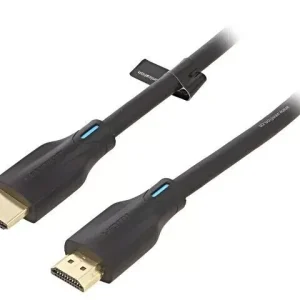 Vention AANBJ 5M HDMI 2.1 cable with gold-plated connectors HDMI 8K cable connected to TV and gaming console Coiled Vention 5-meter black HDMI cable Vention HDMI 2.1 cable plugged into home theater system Close-up of triple-shielded 28AWG HDMI cable build Product packaging for Vention 5M 8K HDMI cable