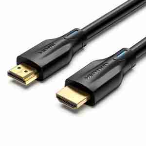 Vention 10M 8K HDMI 2.1 cable coiled view with gold-plated connectors HDMI AANBL cable plugged into 8K UHD TV Close-up of Vention HDMI 2.1 cable triple shielding and connectors Vention 8K HDMI cable transmitting video to projector Backside ports with Vention HDMI cable connected to soundbar and gaming console Vention AANBL packaging with HDMI cable layout shown