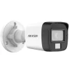 Hikvision DS-2CE16D0T-LPTS mini bullet camera front view Compact 2MP bullet camera with two-way audio Outdoor mini CCTV with Smart IR and white light Side profile of DS-2CE16D0T-LPTS with fixed lens Hikvision analog HD camera with speaker and mic Mini bullet security camera with IP67 protection