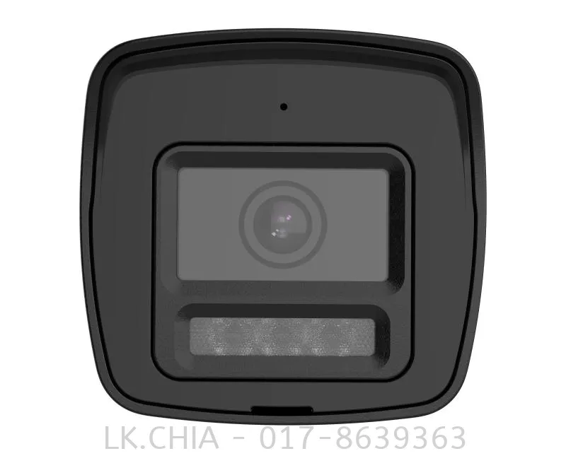 Hikvision DS-2CE16D0T-LPTS mini bullet camera front view Compact 2MP bullet camera with two-way audio Outdoor mini CCTV with Smart IR and white light Side profile of DS-2CE16D0T-LPTS with fixed lens Hikvision analog HD camera with speaker and mic Mini bullet security camera with IP67 protection