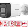 Hikvision DS-2CE16D0T-LPTS mini bullet camera front view Compact 2MP bullet camera with two-way audio Outdoor mini CCTV with Smart IR and white light Side profile of DS-2CE16D0T-LPTS with fixed lens Hikvision analog HD camera with speaker and mic Mini bullet security camera with IP67 protection
