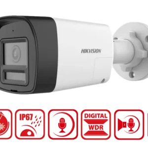 Hikvision DS-2CE16D0T-LPTS mini bullet camera front view Compact 2MP bullet camera with two-way audio Outdoor mini CCTV with Smart IR and white light Side profile of DS-2CE16D0T-LPTS with fixed lens Hikvision analog HD camera with speaker and mic Mini bullet security camera with IP67 protection