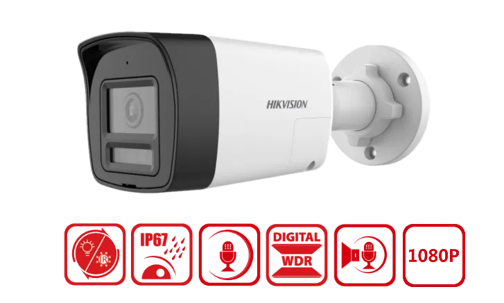 Hikvision DS-2CE16D0T-LPTS mini bullet camera front view Compact 2MP bullet camera with two-way audio Outdoor mini CCTV with Smart IR and white light Side profile of DS-2CE16D0T-LPTS with fixed lens Hikvision analog HD camera with speaker and mic Mini bullet security camera with IP67 protection
