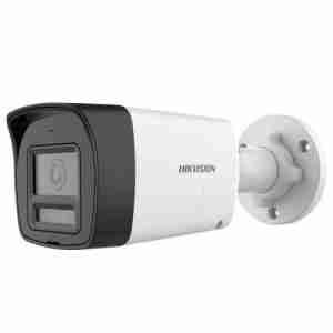 Hikvision DS-2CE16D0T-LPTS mini bullet camera front view Compact 2MP bullet camera with two-way audio Outdoor mini CCTV with Smart IR and white light Side profile of DS-2CE16D0T-LPTS with fixed lens Hikvision analog HD camera with speaker and mic Mini bullet security camera with IP67 protection