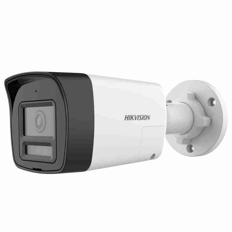 Hikvision DS-2CE16D0T-LPTS mini bullet camera front view Compact 2MP bullet camera with two-way audio Outdoor mini CCTV with Smart IR and white light Side profile of DS-2CE16D0T-LPTS with fixed lens Hikvision analog HD camera with speaker and mic Mini bullet security camera with IP67 protection
