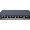 Hikvision DS-3E1510P-EI/M smart PoE switch angled front view Back panel view showing ports of DS-3E1510P-EI/M switch Hikvision Gigabit PoE+ switch for IP surveillance systems 8-port Hikvision switch with wall-mount design Hikvision DS-3E1510P-EI/M with VLAN and watchdog features Compact and durable metal switch from Hikvision for enterprise use