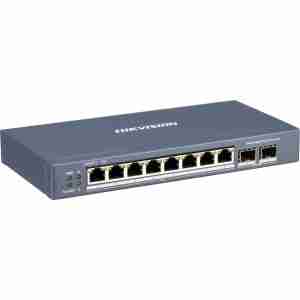 Hikvision DS-3E1510P-EI/M smart PoE switch angled front view Back panel view showing ports of DS-3E1510P-EI/M switch Hikvision Gigabit PoE+ switch for IP surveillance systems 8-port Hikvision switch with wall-mount design Hikvision DS-3E1510P-EI/M with VLAN and watchdog features Compact and durable metal switch from Hikvision for enterprise use