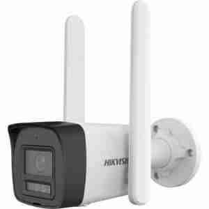 Hikvision DS-2CD1043G2-LIDUF/4G/SL 4MP bullet camera front view Fixed lens 4G IP camera with IR and white light Hikvision LTE camera with flashing light and mic Remote surveillance camera with Smart Hybrid Light DS-2CD1043G2-LIDUF/4G/SL outdoor 4G CCTV unit Hikvision bullet IP camera for off-grid security monitoring