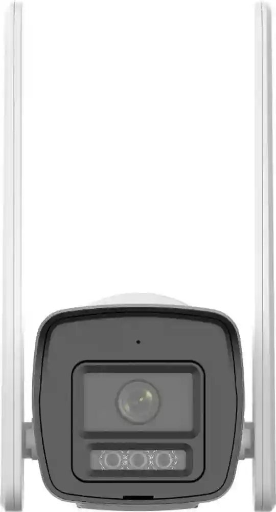 Hikvision DS-2CD1043G2-LIDUF/4G/SL 4MP bullet camera front view Fixed lens 4G IP camera with IR and white light Hikvision LTE camera with flashing light and mic Remote surveillance camera with Smart Hybrid Light DS-2CD1043G2-LIDUF/4G/SL outdoor 4G CCTV unit Hikvision bullet IP camera for off-grid security monitoring