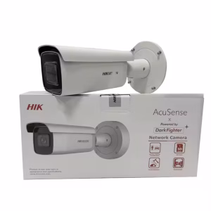 Hikvision DS-2CD1643G2-LIZ(S)U 4MP bullet camera front view Dual light bullet IP camera with varifocal lens Hikvision outdoor smart detection camera with built-in mic IR and white light varifocal camera by Hikvision Hikvision DS-2CD1643G2-LIZSU camera side profile Weatherproof IP camera with motorized zoom and smart features