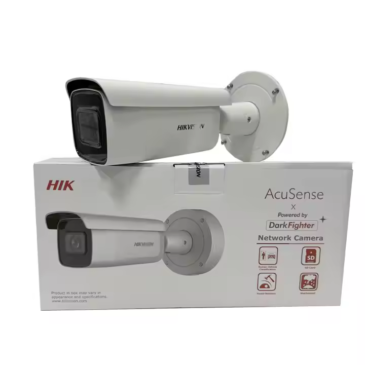 Hikvision DS-2CD1643G2-LIZ(S)U 4MP bullet camera front view Dual light bullet IP camera with varifocal lens Hikvision outdoor smart detection camera with built-in mic IR and white light varifocal camera by Hikvision Hikvision DS-2CD1643G2-LIZSU camera side profile Weatherproof IP camera with motorized zoom and smart features