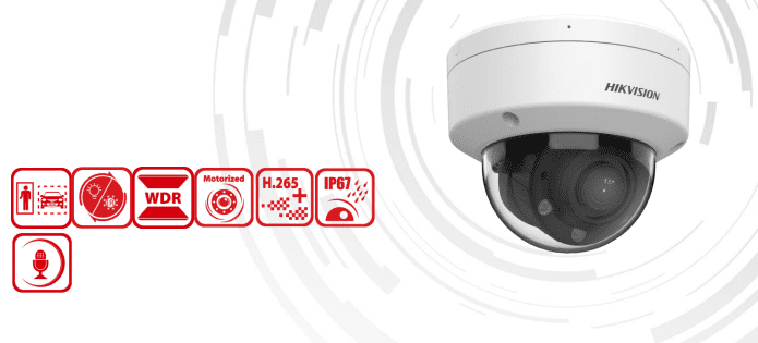 Hikvision DS-2CD1743G2-LIZ(S)U dual-light dome camera front view 4MP varifocal IP camera with built-in microphone Hikvision dome camera with motorized 2.8–12mm lens Outdoor-ready dome camera with IR and white light Hikvision smart motion detection camera with PoE DS-2CD1743G2-LIZ(S)U with IP67 and IK08 protection rating