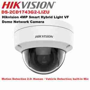 Hikvision DS-2CD1743G2-LIZ(S)U dual-light dome camera front view 4MP varifocal IP camera with built-in microphone Hikvision dome camera with motorized 2.8–12mm lens Outdoor-ready dome camera with IR and white light Hikvision smart motion detection camera with PoE DS-2CD1743G2-LIZ(S)U with IP67 and IK08 protection rating