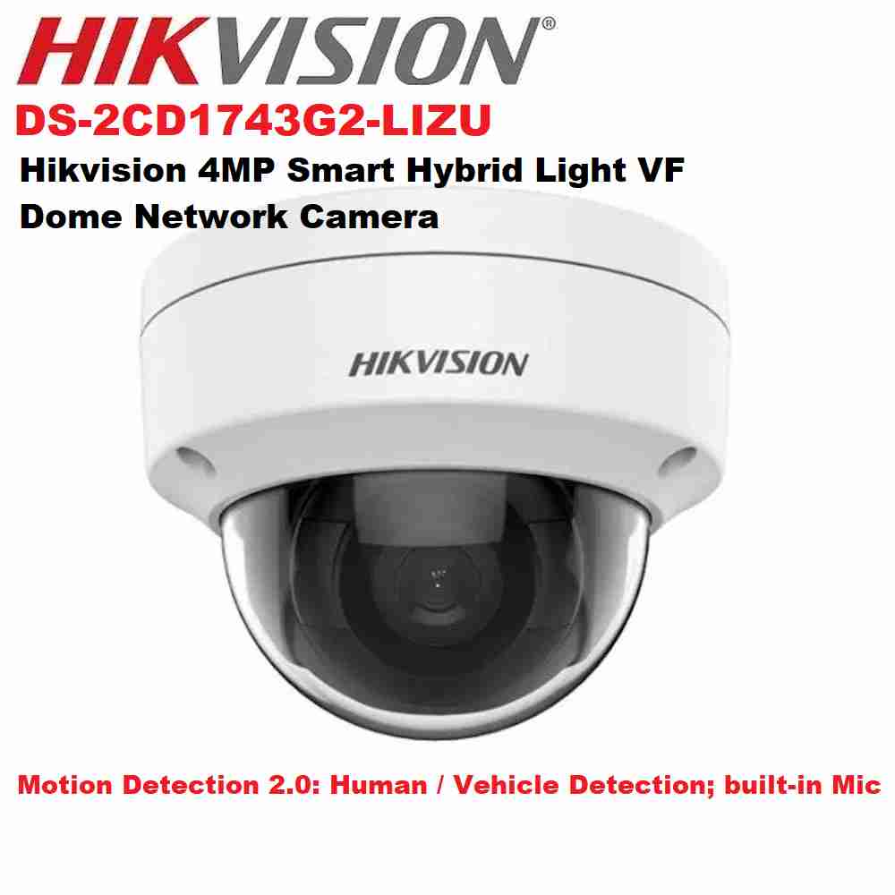 Hikvision DS-2CD1743G2-LIZ(S)U dual-light dome camera front view 4MP varifocal IP camera with built-in microphone Hikvision dome camera with motorized 2.8–12mm lens Outdoor-ready dome camera with IR and white light Hikvision smart motion detection camera with PoE DS-2CD1743G2-LIZ(S)U with IP67 and IK08 protection rating