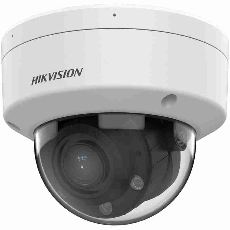 Hikvision DS-2CD1743G2-LIZ(S)U dual-light dome camera front view 4MP varifocal IP camera with built-in microphone Hikvision dome camera with motorized 2.8–12mm lens Outdoor-ready dome camera with IR and white light Hikvision smart motion detection camera with PoE DS-2CD1743G2-LIZ(S)U with IP67 and IK08 protection rating
