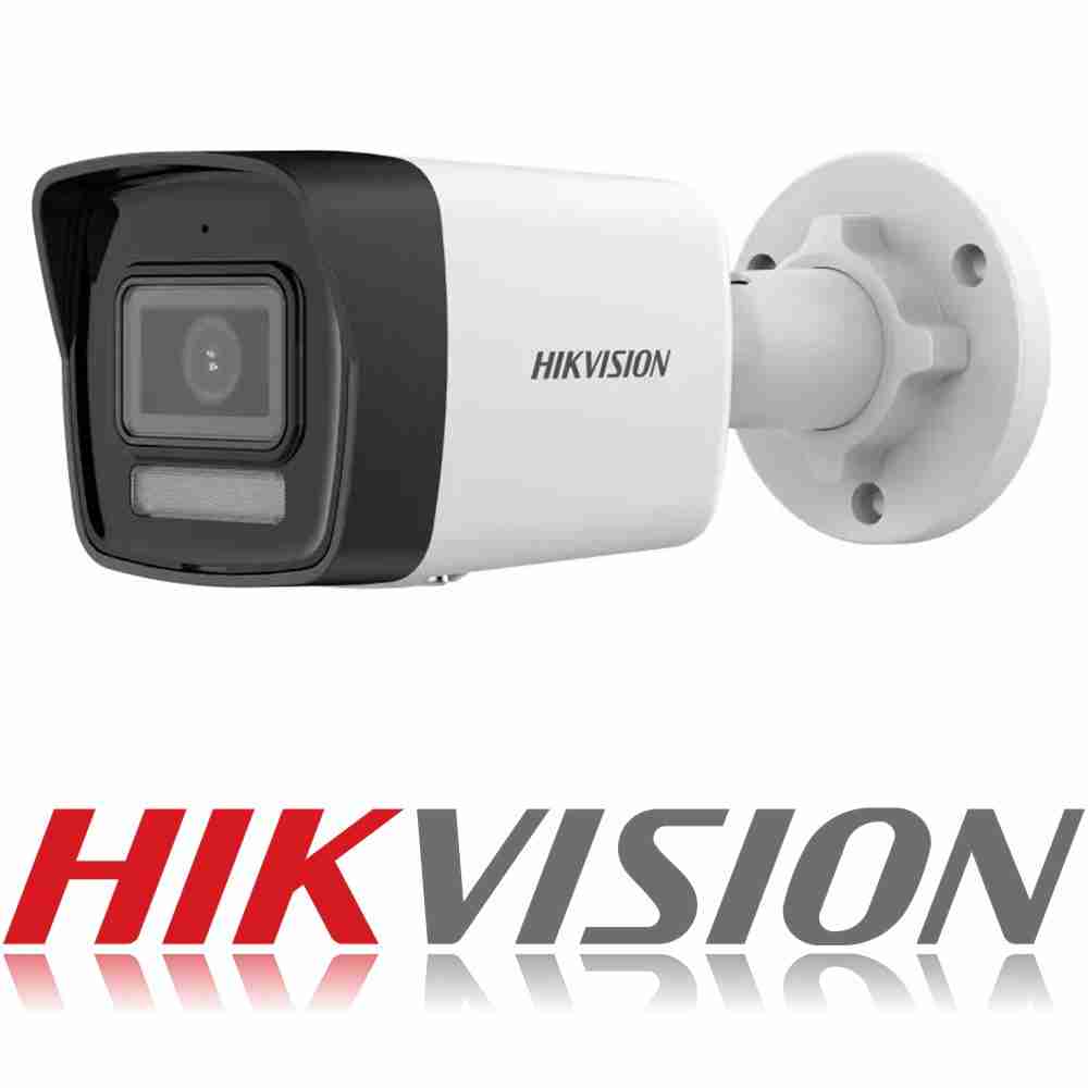 Hikvision DS-2CD1T83G2-LIUF/SL 8MP bullet camera front view 4mm bullet security camera with flashing light Hikvision IP camera with IR and white light night vision Built-in mic and speaker Hikvision deterrent camera Fixed lens hybrid-light bullet camera side view Hikvision smart 8MP camera with two-way audio and IP67 rating