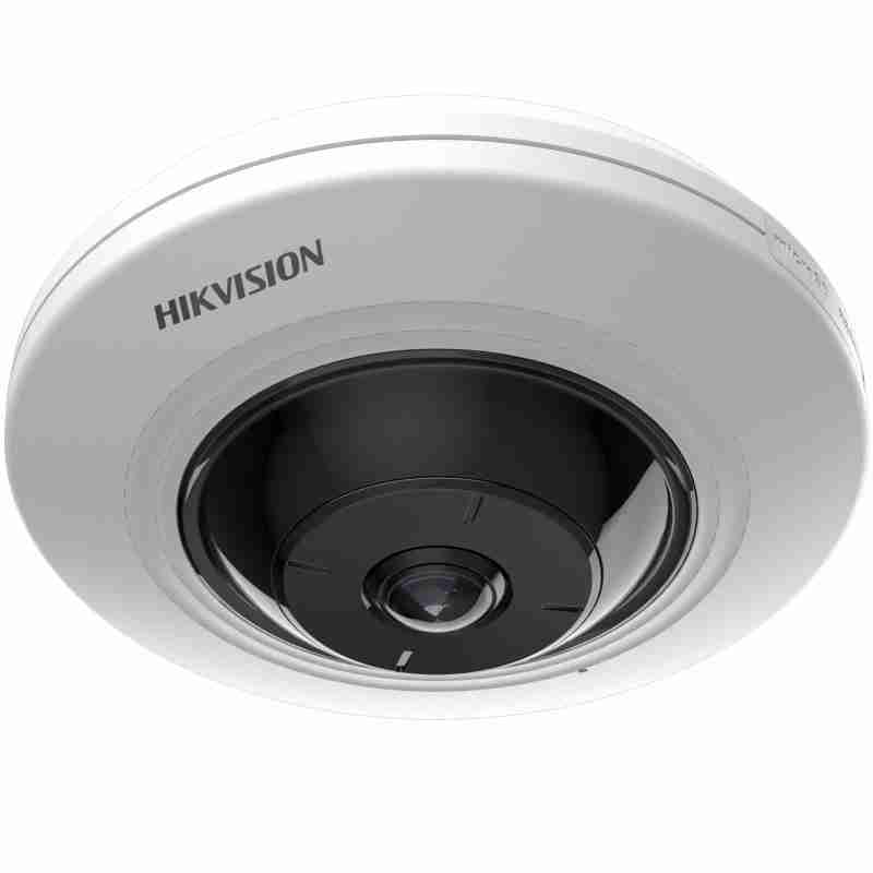 Hikvision DS-2CD2955G0-IS(U) fisheye IP camera front view 360° panoramic view camera with 5MP resolution IR-enabled fisheye CCTV camera for indoor surveillance Multi-display mode Hikvision fisheye camera ceiling mount DS-2CD2955G0-IS(U) with built-in microphone and IR Compact fisheye IP camera ideal for retail and office