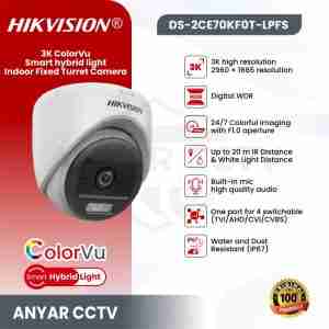 Hikvision DS-2CE70KF0T-LPFS indoor 3K ColorVu turret camera Smart hybrid light turret camera with built-in mic Hikvision indoor CCTV with white and IR light ColorVu turret camera with 2.8mm lens front view Hikvision TVI/AHD/CVI/CVBS switchable indoor camera Hikvision DS-2CE70KF0T-LPFS side angle for ceiling mount