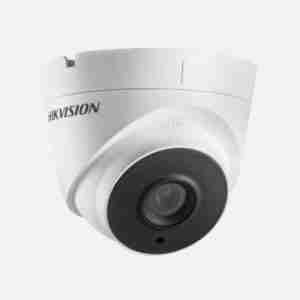Hikvision DS-2CE78D0T-LTS turret camera front view 2MP fixed lens camera with two-way audio Outdoor-ready Hikvision turret camera with mic and speaker Hikvision camera with 40m IR night vision DS-2CE78D0T-LTS side view showing metal body Hikvision turret CCTV with built-in audio for indoor and outdoor use