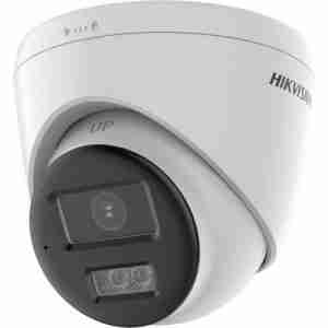 Hikvision DS-2CE78D0T-LTS turret camera front view 2MP fixed lens camera with two-way audio Outdoor-ready Hikvision turret camera with mic and speaker Hikvision camera with 40m IR night vision DS-2CE78D0T-LTS side view showing metal body Hikvision turret CCTV with built-in audio for indoor and outdoor use